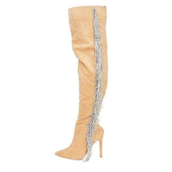 Pointy Toe OTK Boots w/ Rhinestone Fringe in Tan - Picture 3 of 6